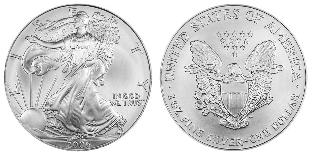 Close-up of 2006 American Silver Eagle regular bullion coin obverse showing frosty satin finish and no mint mark