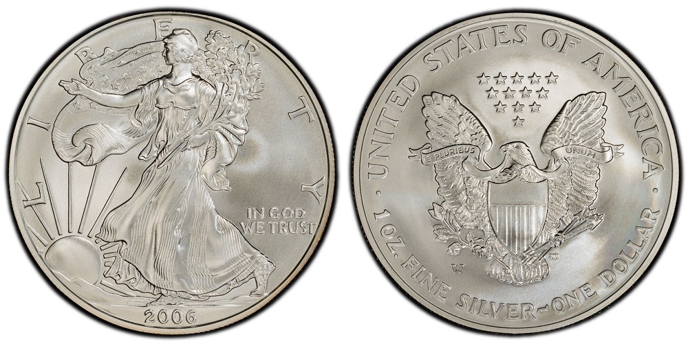 Close-up of 2006-W Burnished Silver Eagle showing the matte satin finish and W mint mark near the date