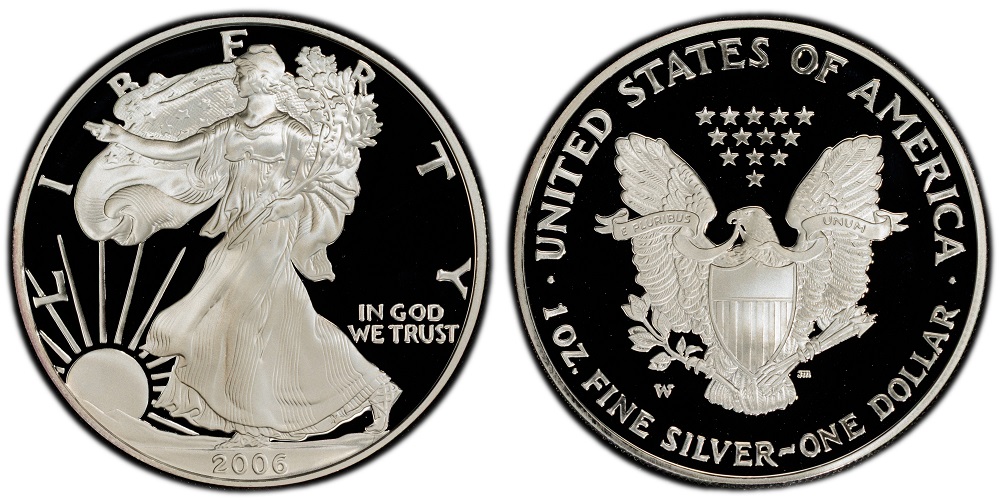 Close-up of 2006-W Proof Silver Eagle showing deep mirror cameo fields and frosted Walking Liberty devices