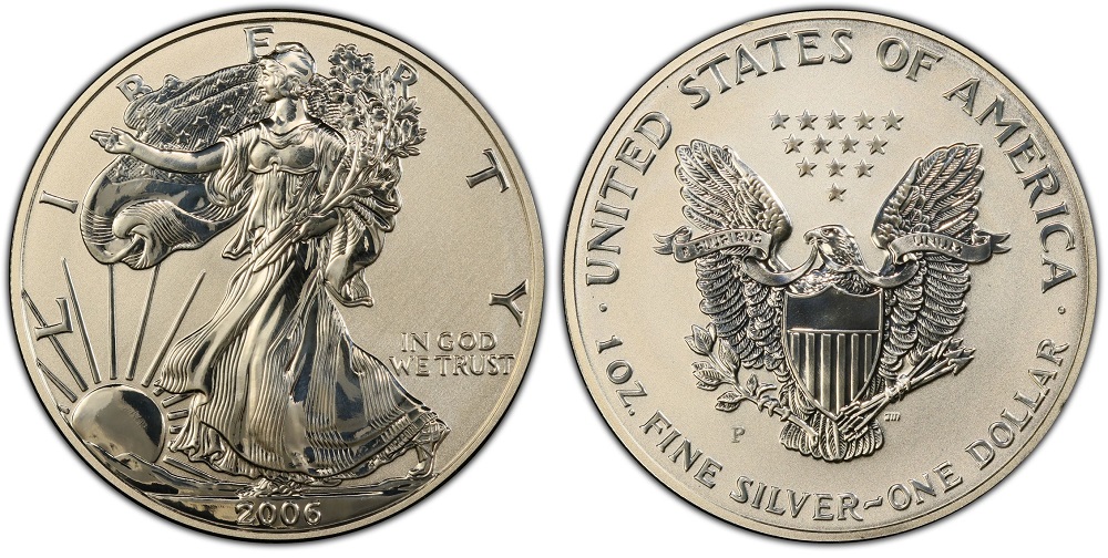 Close-up of 2006-P Reverse Proof Silver Eagle with frosted matte fields and mirror-bright devices with P mint mark