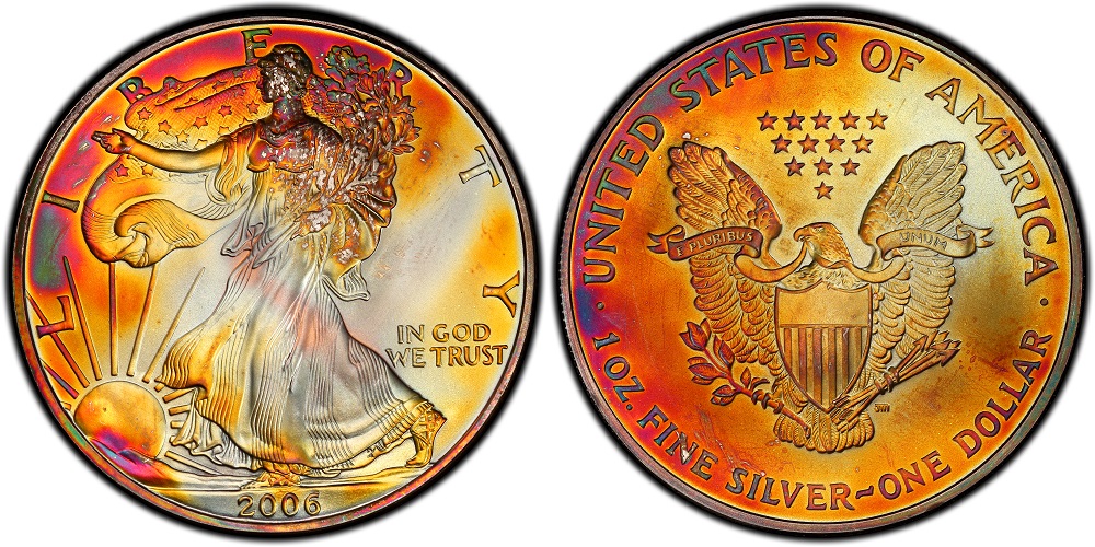 The three 2006 American Silver Eagle 20th Anniversary coins displayed together — bullion, W-Burnished, and P-Reverse Proof