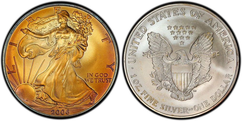 Grading strip showing four 2006 American Silver Eagle coins in ascending condition from MS65 with bag marks to a flawless MS70